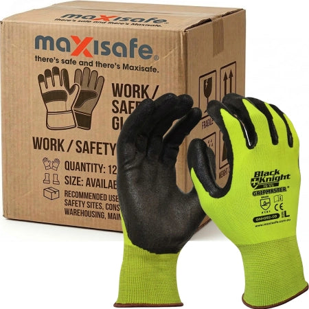 Carton of 120 Pairs Black Knight Gripmaster Hi-Vis Nitrile Coated Synthetic Gloves High Grip