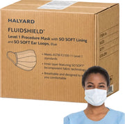 Carton of 4 HALYARD FLUIDSHIELD* Level 1 Procedure Mask with SO SOFT* Lining and SO SOFT* Ear Loops, Blue