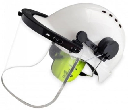 Maxisafe White Helmet with Clear Visor & Earmuffs, Ratchet Harness