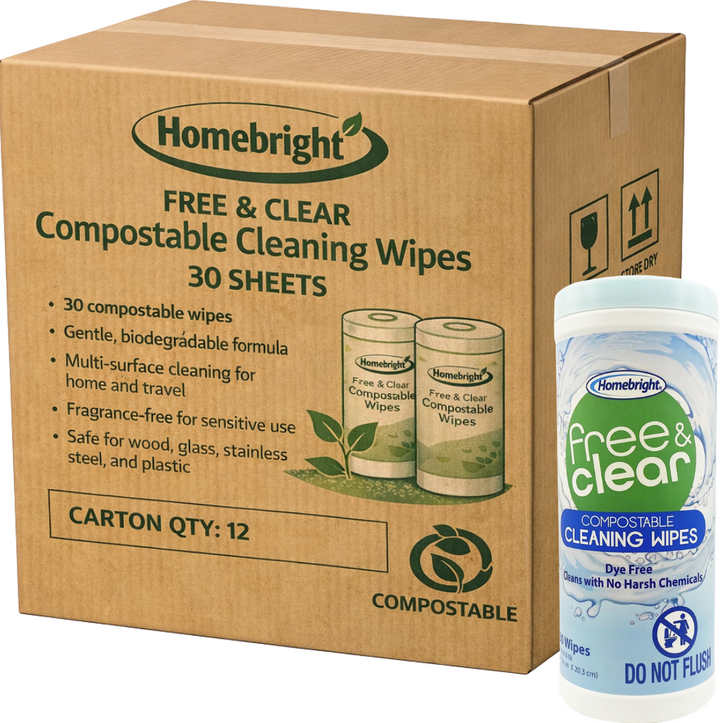 Carton of 12 Homebright Free & Clear Compostable Cleaning Wipes (Dye Free / No Harsh Chemicals)