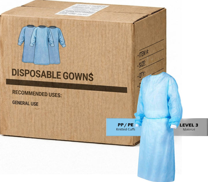 Carton of 50 MasterMed PP/PE Clinical Blue Isolation Level 3 Medical Gowns Knitted Cuff & Velcro Back TGA Approved