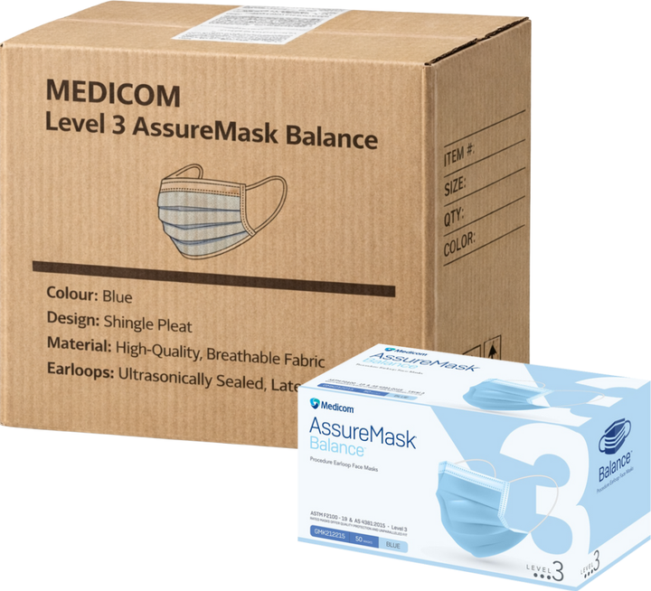 Carton of 10 100PK Medicom Level 3 AssureMask Balance Procedure Earloop Blue Face Masks GMK222815