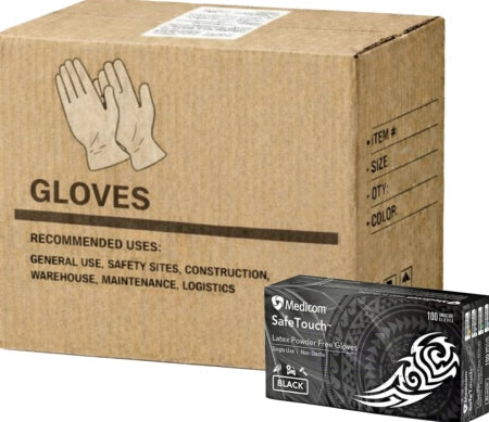 Carton of 10 Medicom SafeTouch Black Latex Gloves Textured Latex Examination Gloves P/F