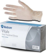 100pcs Medicom Vitals Vinyl Gloves, 4.5g, Powdered, Clear (Small)