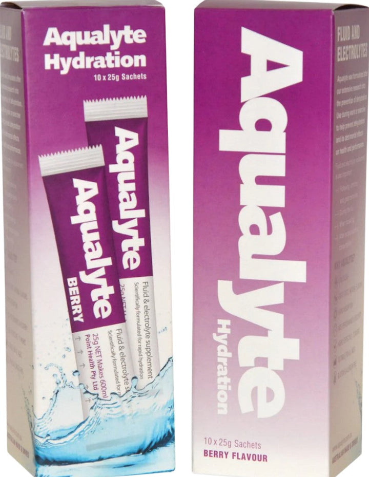 Box of 10 Maxisafe Aqualyte Electrolyte Powder Berry Flavoured Sachets 25g