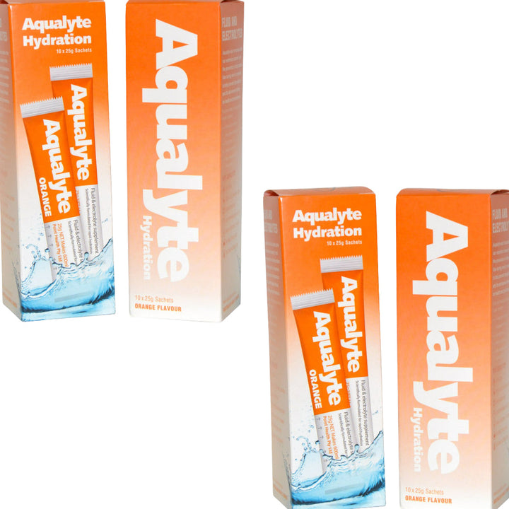 Box of 10 Maxisafe Aqualyte Electrolyte Powder Orange Flavoured Sachets 25g