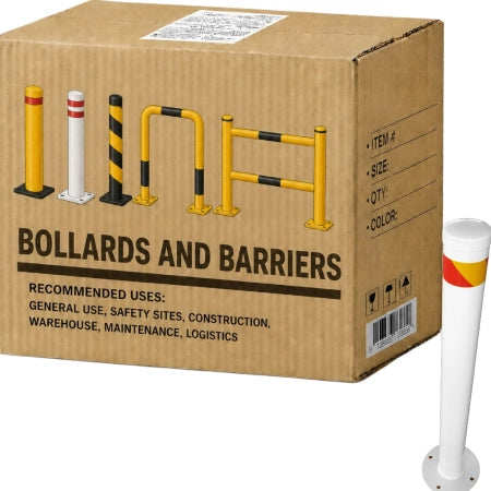 Carton of 10 White Surface Mount Steel Bollard with Reflective Red Stripe 90 x 900mm