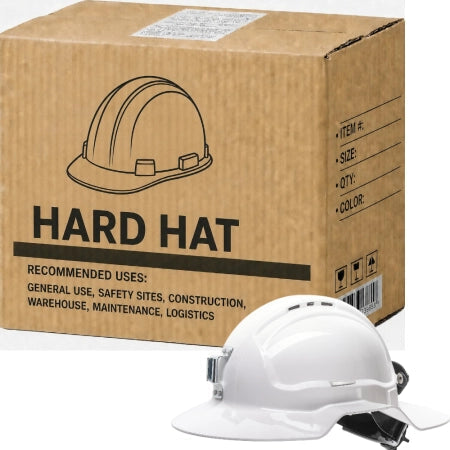 Carton of 10 Packs Maxisafe White Broadbrim Hard Hat with Metal Miners Bracket and Ratchet Harness