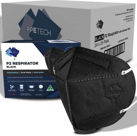 Carton/24 PPE Tech Australian Made 4-Layer P2 Face Masks with Earloops Black - 25 Masks/Box