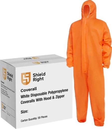 Carton of 50 Shield Right Disposable Combat Polypropylene Coveralls 100% Polypropylene Orange