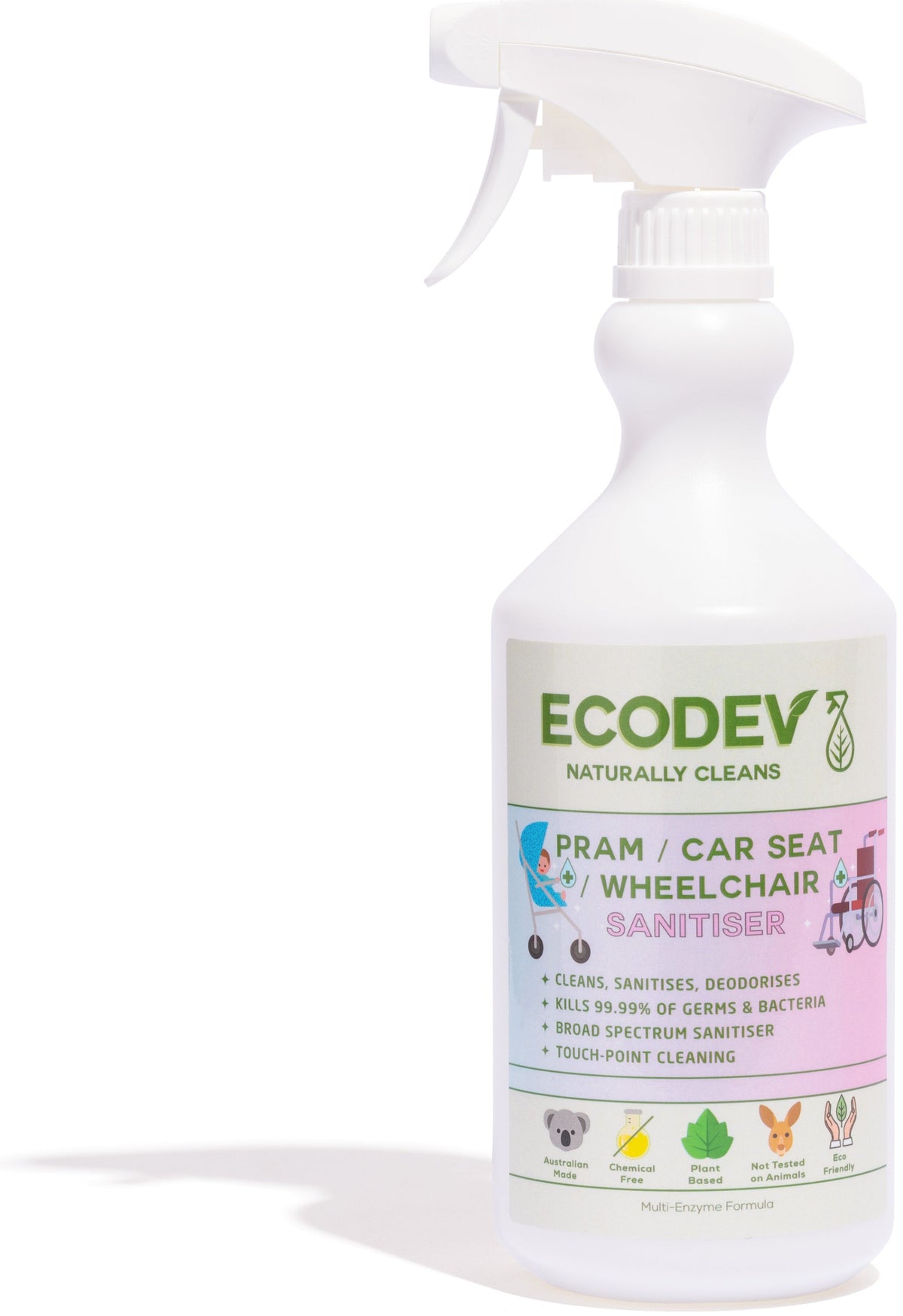 Ecodev Pram / Car Seat &amp; Wheelchair Hospital Grade Sanitiser 750ml Australian Made Eco-friendly