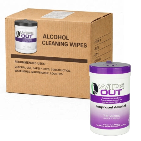 Carton of 12 75pcs WipeOut 75% IsoPropyl Alcohol Wipes 140x420mm