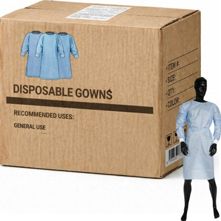 Carton of 50 SMS Clinical Disposable Blue Isolation Gowns Knitted Wrist Level 2 With Ties Breathable Material Individually Wrapped - UNI (S,M,L)