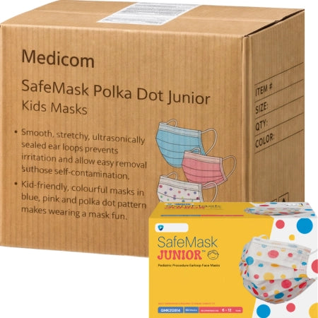 Carton of 10 Medicom SafeMask Polka Dot Junior Kids Masks with Earloops