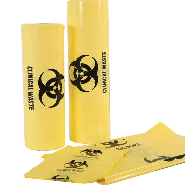 Roll of 100 240L Bio Hazard Clinical Waste Bags LLDPE Bin Liners - 30um - 590/560mm x 1470m