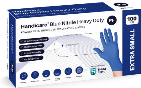 HandiCare Blue Nitrile Heavy Duty Exam Gloves Powder Free Box of 100 - Extra