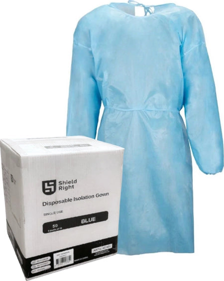 Carton of 50 Shield Right Blue ISO Gown Elastic Cuff Ties Closure Level 2 - UNI (S, M, L)