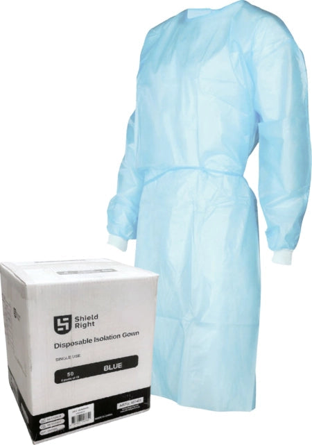 Carton of 50 Shield Right Blue ISO Gown Knitted Cuff Velcro Closure Level 2 - UNI (S, M, L)