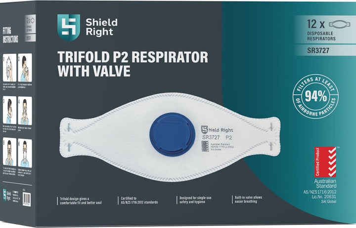 Pack of 12 Shield Right P2 Trifold Disposable Respirator Valved
