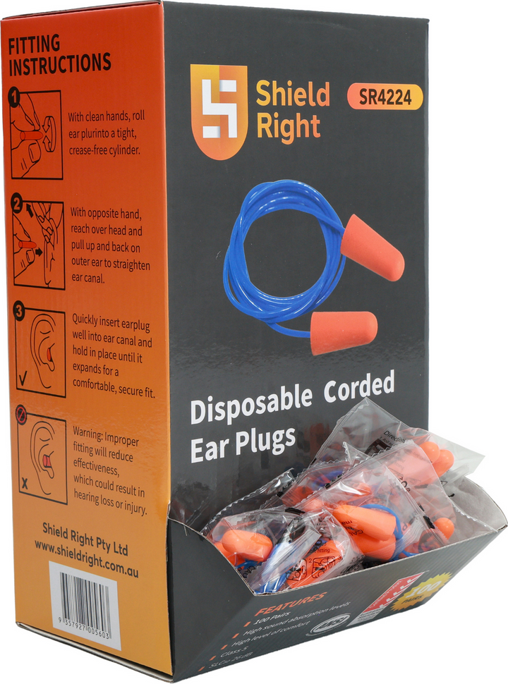 Shield Right Earplugs Corded Class 5 Box of 100 Pairs - Orange