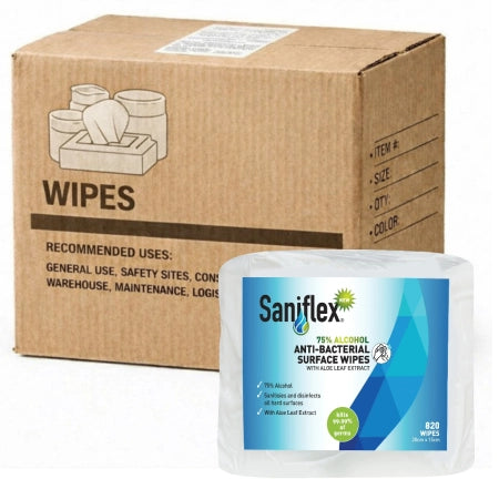 Carton of 4 Saniflex 75% Alcohol Antibacterial Surface Wipes Bag of 820