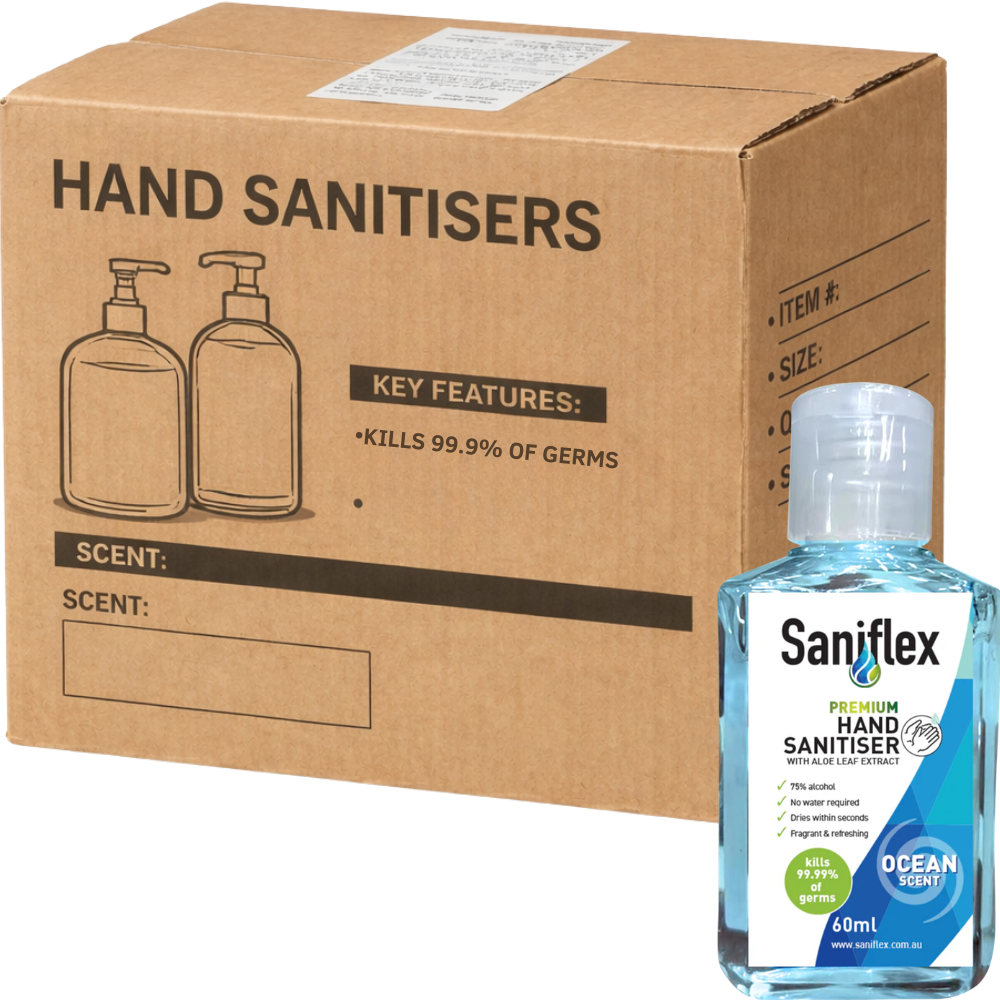 Carton of 120 Saniflex Premium Hand Sanitiser Flip Top Bottle Pocket Size 60ml Ocean Scent