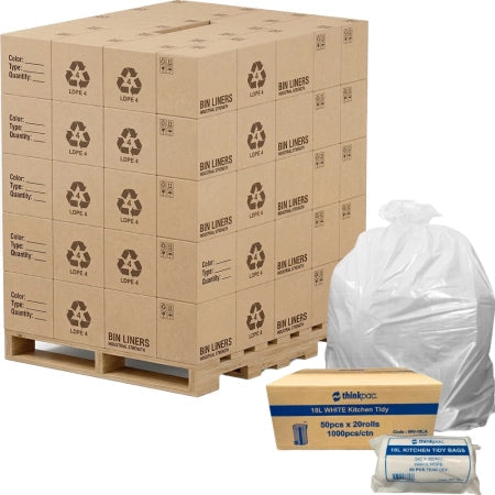 Pallet of 192 Cartons 18L White Bin Liners 10 Micron Standard Average Strength