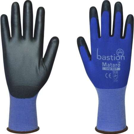 Bastion Mataro Blue Nylon Gloves 18G Black Polyurethane Palm Coating - Small (Size 7)