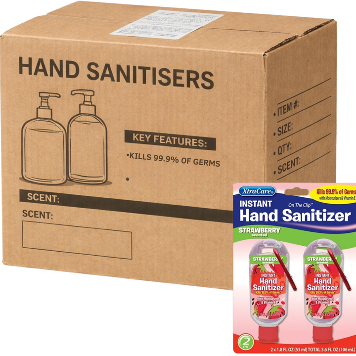 Carton of 48 XtraCare 53ml Instant Hand Sanitiser Set Strawberry Scented with Travel Key Chain Clip