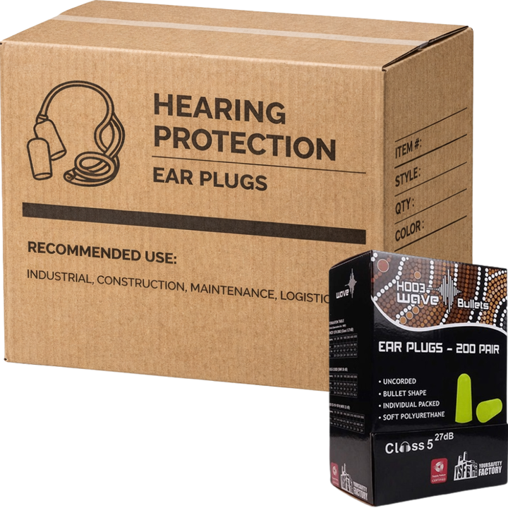 Carton of 2000 Pairs YSF Uncorded Earplugs 27dB Wave Bullet Individually Packed