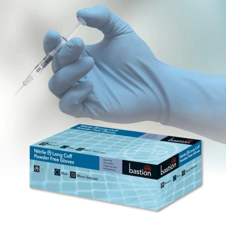 Box of 100 Bastion Progenics&trade; Nitrile Long Cuff Blue Powder Free Micro Textured