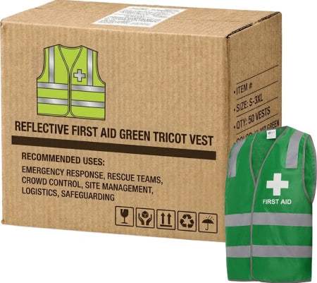 Cartons of 50 Shield Right Hi Vis Reflective First Aid Green Tricot Vest