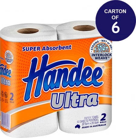 Carton of 6 Handee Ultra 2 Ply Kitchen Paper Towel 60 Sheets Twin Pack