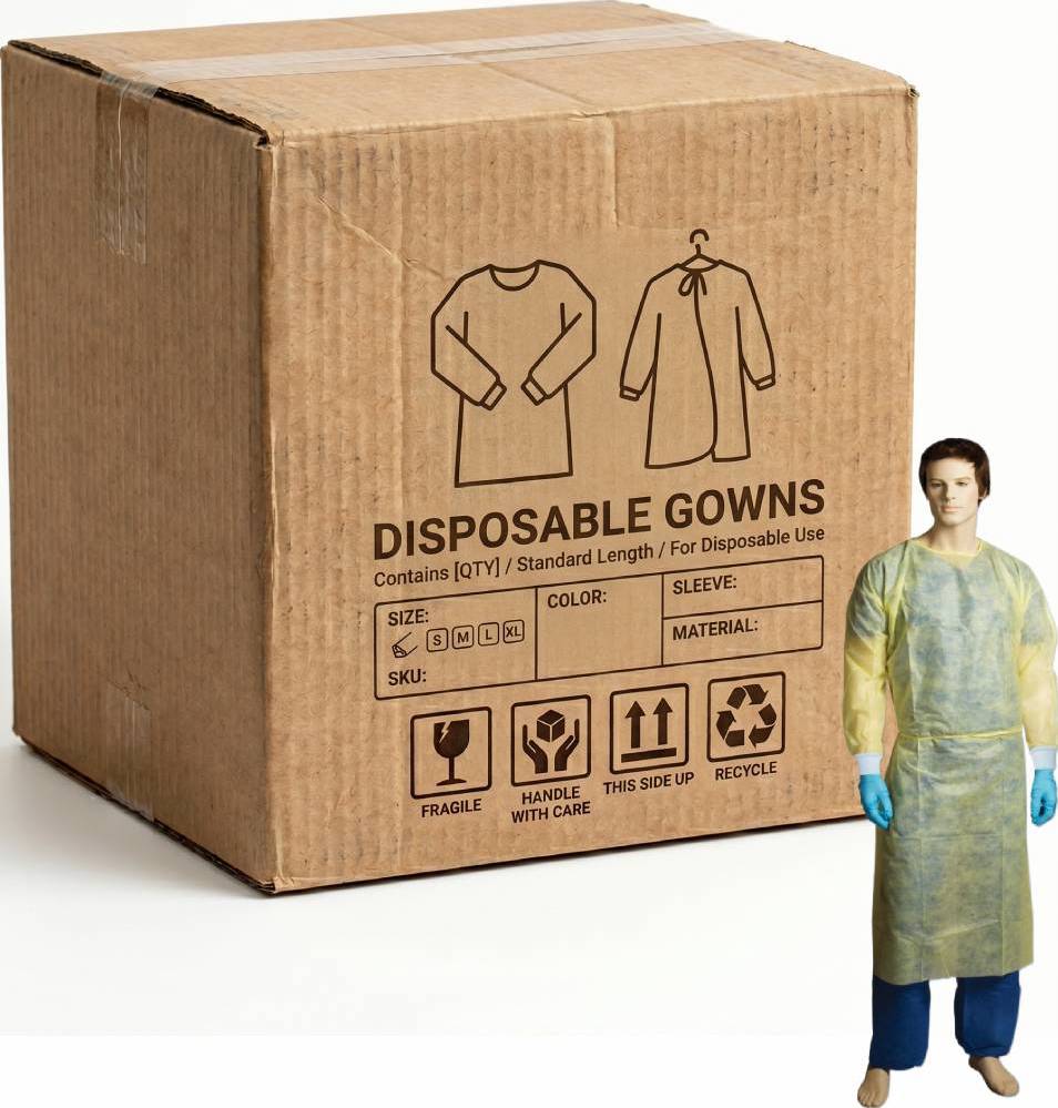 Carton of 100 Yellow Polypropylene Isolation Gown One Size Fits Al