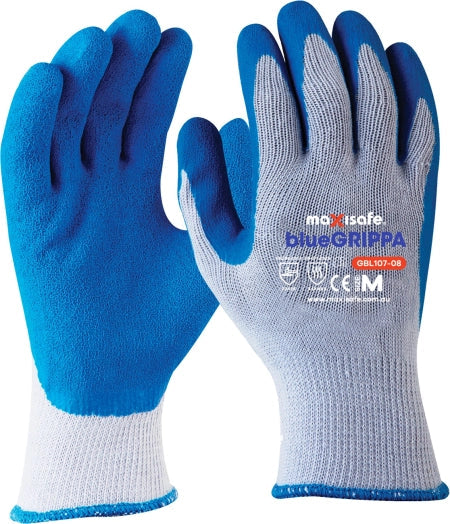 Pack of 12 Maxisafe Blue Grippa Glove Knitted Poly Cotton Blue Latex Dipped Palm (Small)