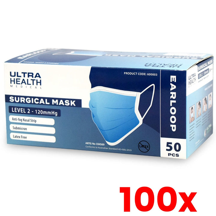 100 X 3ply Ultra Health Surgical Level 2 Face Masks Ear Loops - TGA Approved - Box of 50