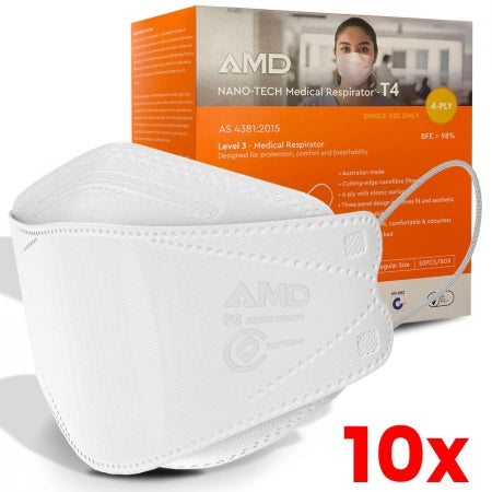 10 X Box of 50 AMD P2 N95 4PLY Nano-tech Flatfold Medical Face Mask Ear Loops Individually Wrapped  Australian Made