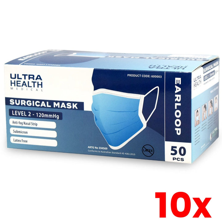 10 X 3ply Ultra Health Surgical Level 2 Face Masks Ear Loops - TGA Approved - Box of 50