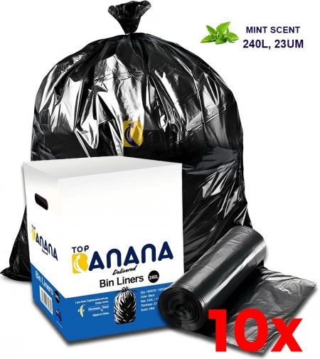 10 X Carton of 180 240L Heavy Duty Black Bin Liners - Mint scented - 23 micron (Medium Strength)