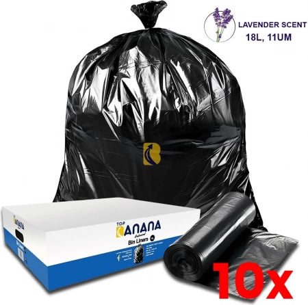 10 X Carton of 2000 18L Black Bin Liners - 11 micron - (Standard Strength) - Lavender scented