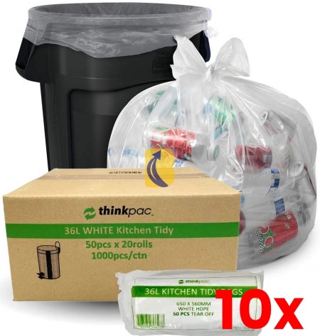 10 X 1000pcs 36L White Kitchen Tidy Bags Bin Liners Rubbish Bags 10 Micron Medium Strength 20 Packs/50pcs