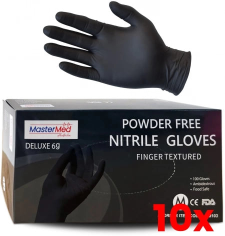10 X 100pcs Mastermed Black Nitrile Gloves Powder Free 6g Heavy Duty - Large (Shield Right SR1363 may be sent if Mastermed is unavailable)