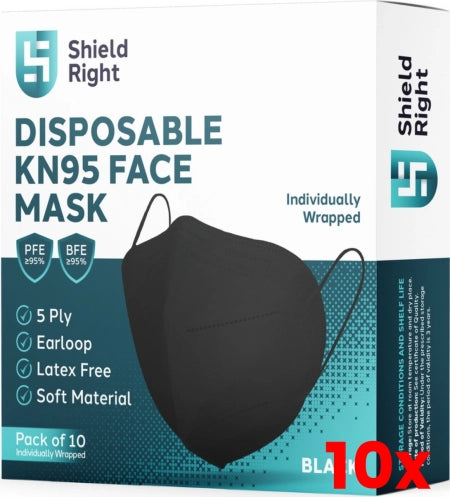 10 X Shield Right KN95 Face Masks N95 P2 Equivalent Respirator Pack of 10 - Black