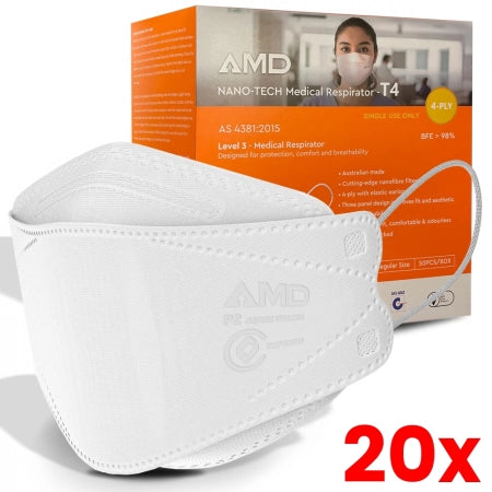 20 X Box of 50 AMD P2 N95 4PLY Nano-tech Flatfold Medical Face Mask Ear Loops Individually Wrapped  Australian Made
