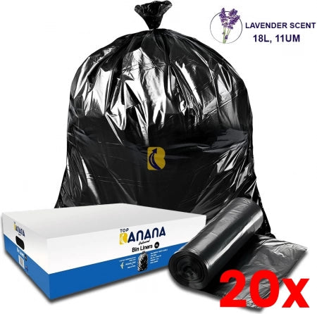 20 X Carton of 2000 18L Black Bin Liners - 11 micron - (Standard Strength) - Lavender scented