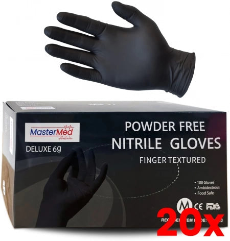20 X 100pcs Mastermed Black Nitrile Gloves Powder Free 6g Heavy Duty - Large (Shield Right SR1363 may be sent if Mastermed is unavailable)