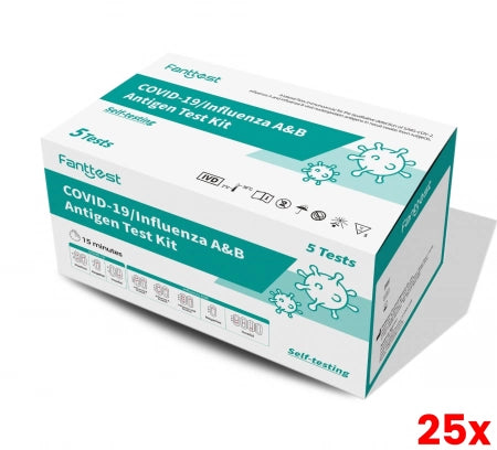 25 X 5 Pack Fanttest 3-in-1 COVID-19 Influenza A/B Rapid Antigen Test Kit Nasal Very High Sensitivity Expiry 04 2027