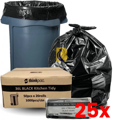 25 X Carton of 1000 36L Black Bin Liners 10 micron 660 x 590mm (Standard Strength)