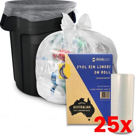 25 X Carton of 100 240L Bin Liners - PCR Natural On Roll 22 micron (Standard Strength)
