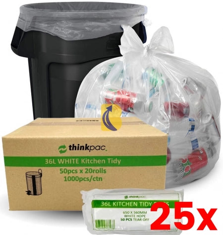 25 X 1000pcs 36L White Kitchen Tidy Bags Bin Liners Rubbish Bags 10 Micron Medium Strength 20 Packs/50pcs